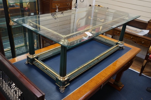 A rectangular Empire design brass mounted glass topped coffee table, length 130cm, depth 70cm, height 46cm